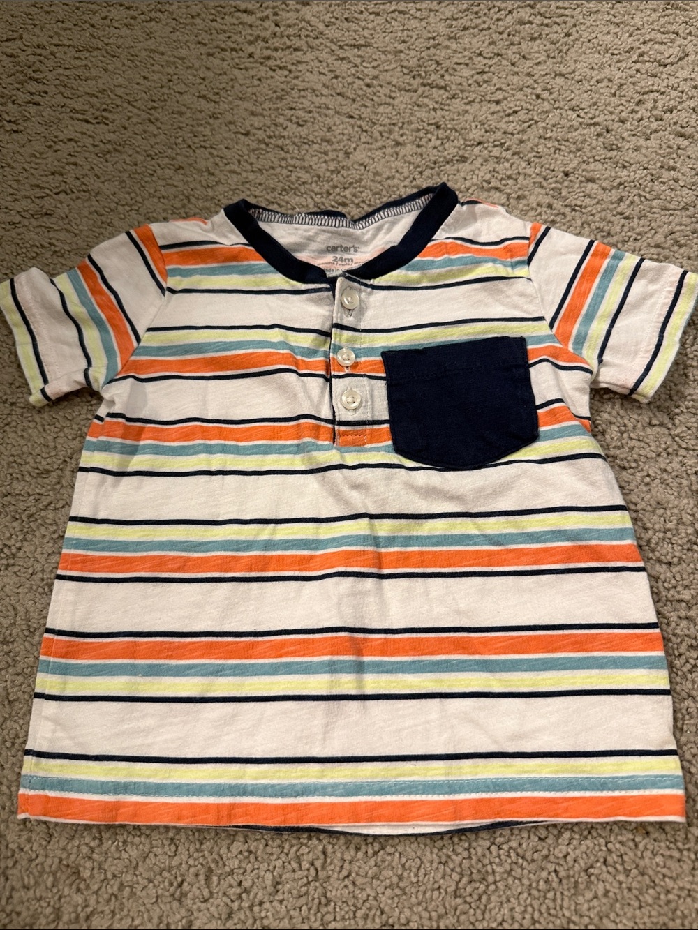 Carter's White Striped Short-Sleeve Henley Tee with Navy Pocket